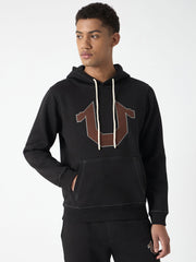 True Religion Men Black Self Design Hooded Full Sleeves Sweatshirt