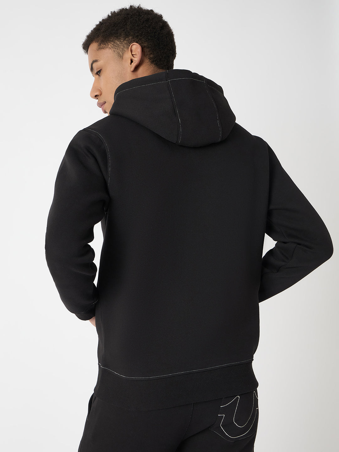 True Religion Men Black Self Design Hooded Full Sleeves Sweatshirt
