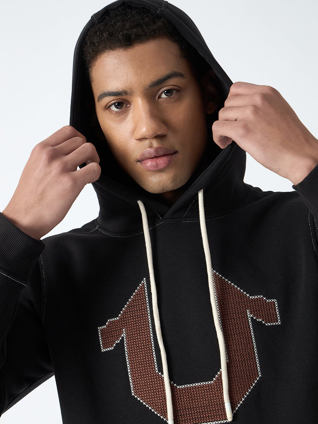 True Religion Men Black Self Design Hooded Full Sleeves Sweatshirt