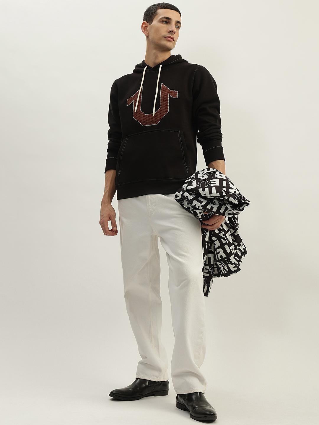 Men black self design hooded full sleeves sweatshirt