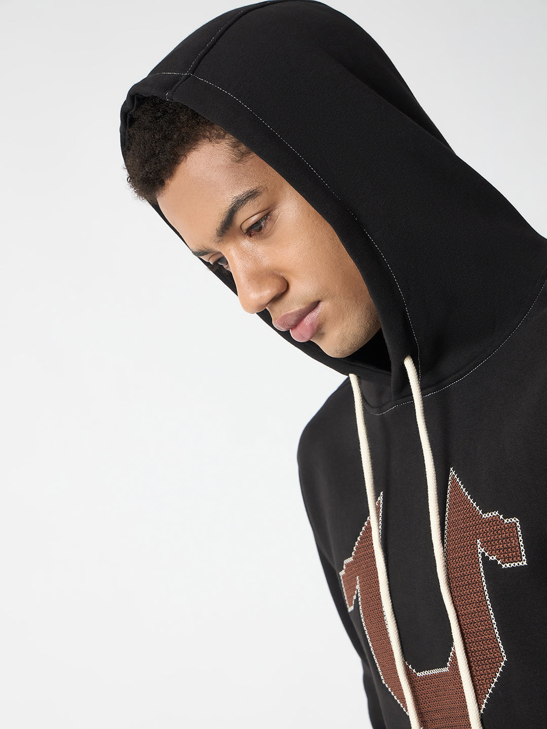 True Religion Men Black Self Design Hooded Full Sleeves Sweatshirt