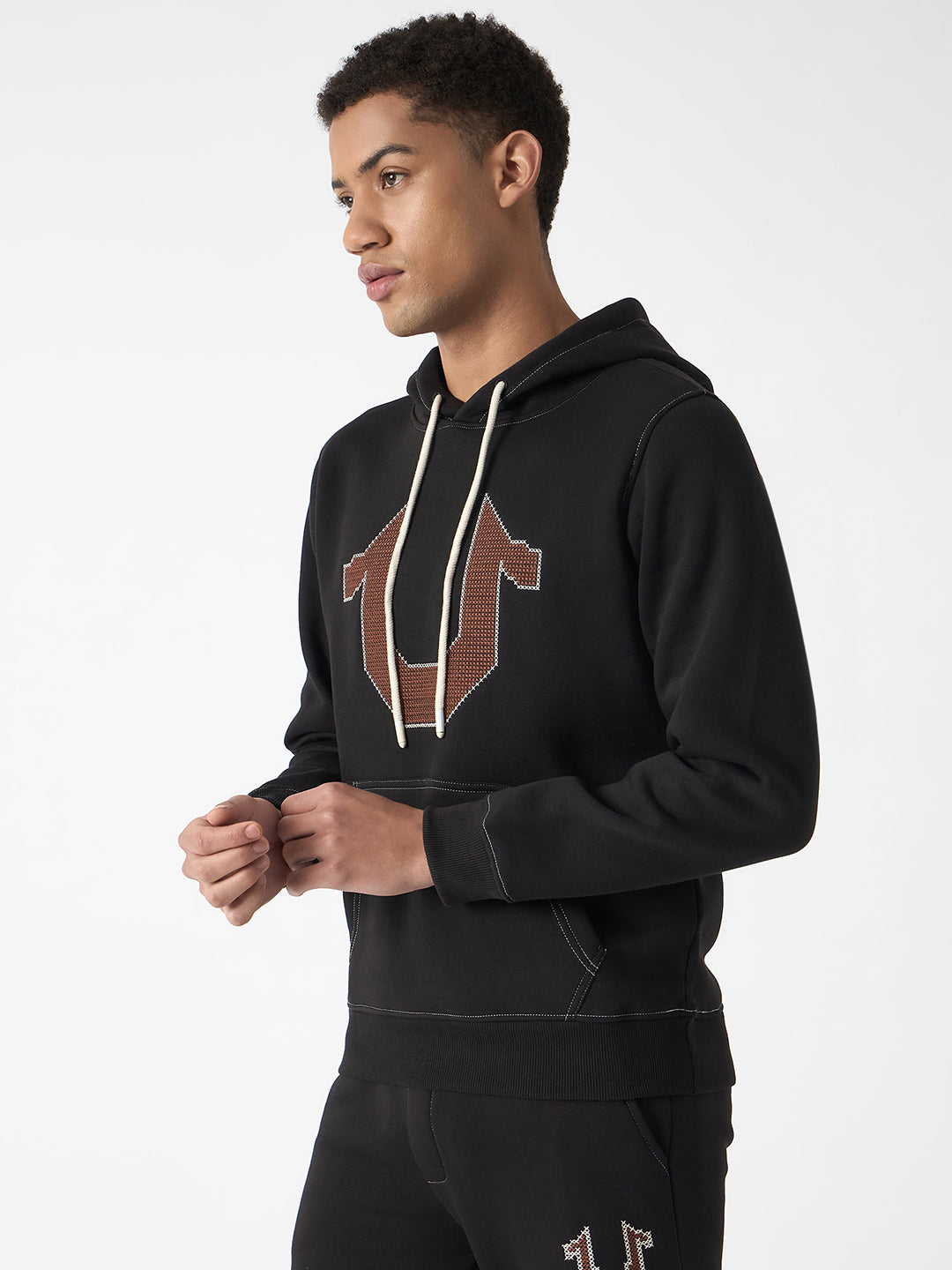 True Religion Men Black Self Design Hooded Full Sleeves Sweatshirt