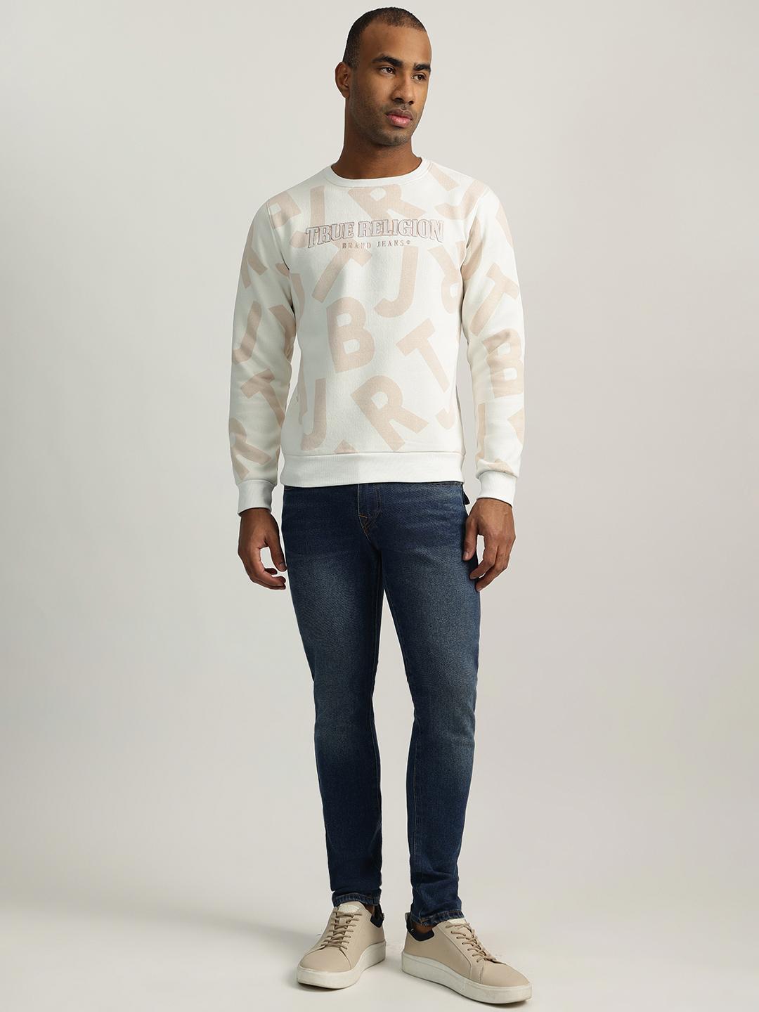 Men cream printed round neck full sleeves sweatshirt