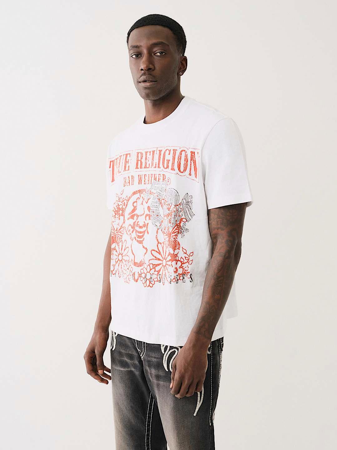 Men white printed round neck short sleeves tshirt