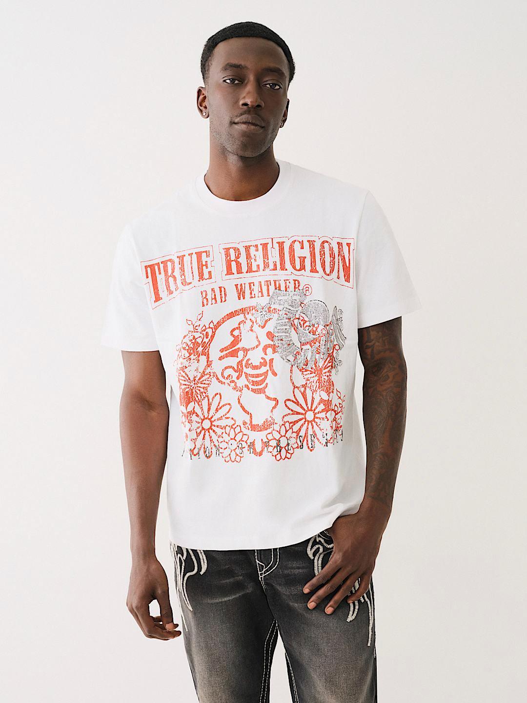 Men white printed round neck short sleeves tshirt