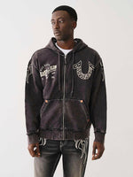 True Religion Men Black Printed Hooded Full Sleeves Zipped Sweatshirt