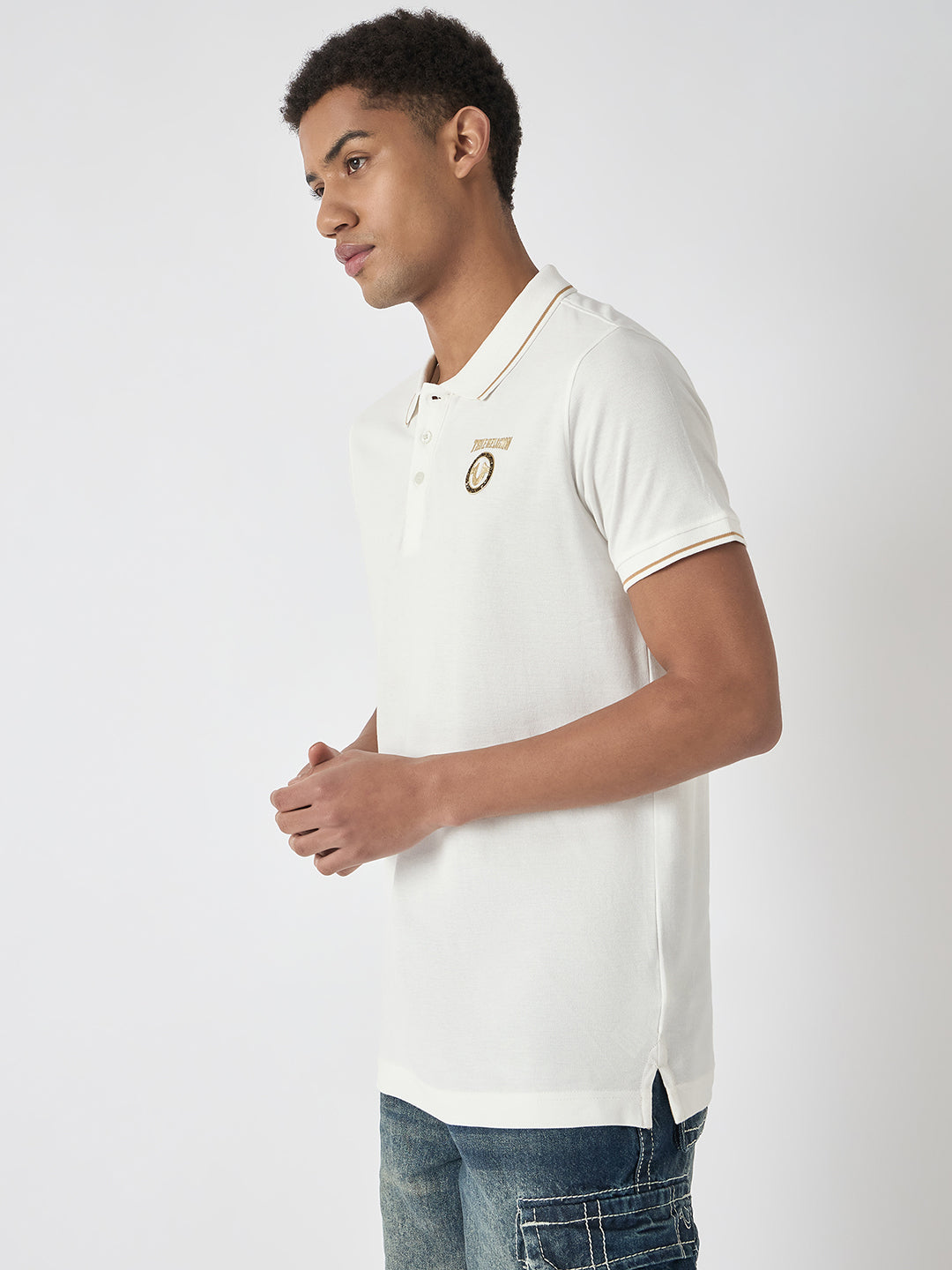 True Religion Men White Solid Polo Collar Short Sleeves Polo Tshirt