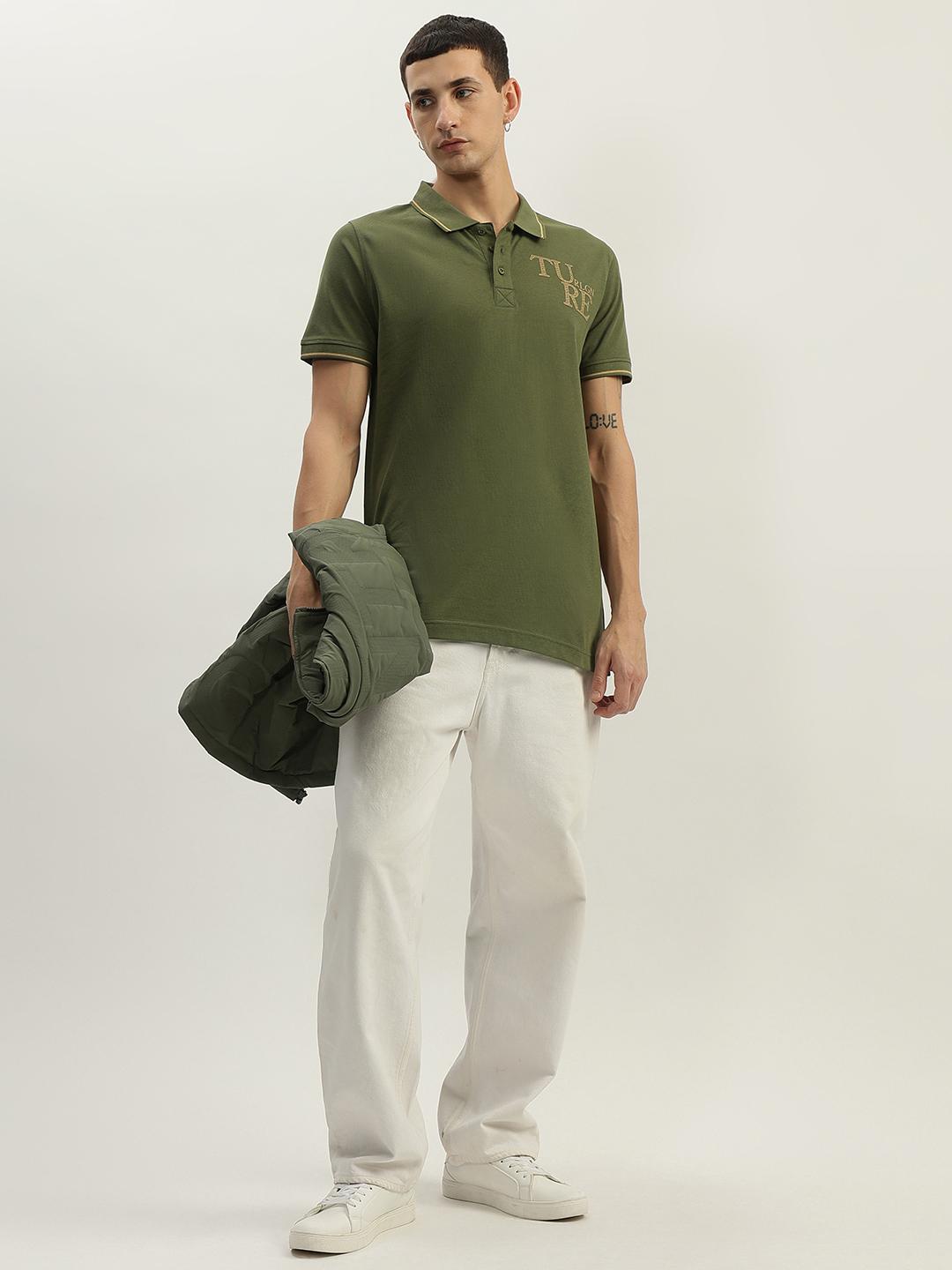 True Religion Men Green Solid Polo Collar Short Sleeves Polo Tshirt