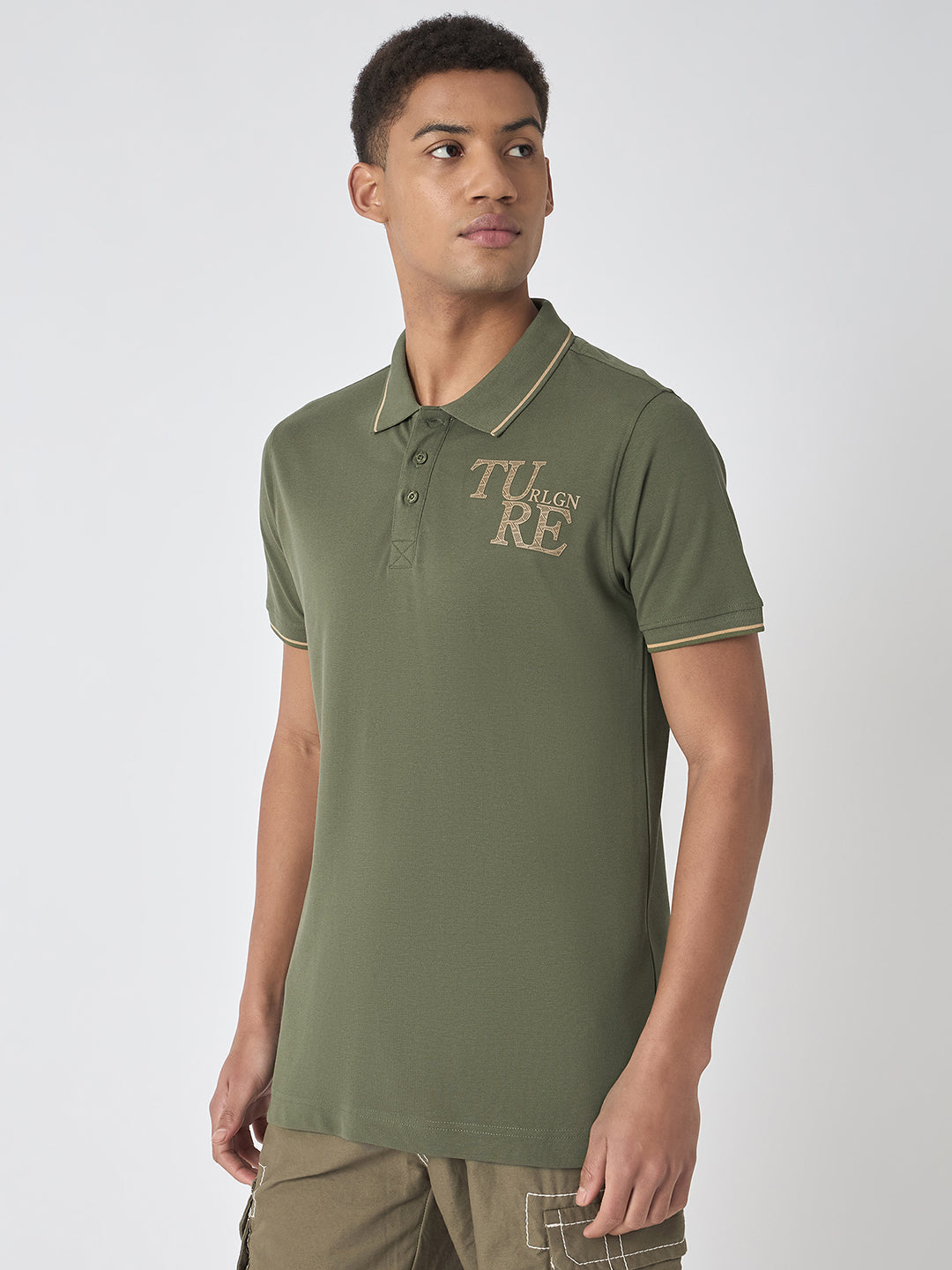 True Religion Men Green Solid Polo Collar Short Sleeves Polo Tshirt