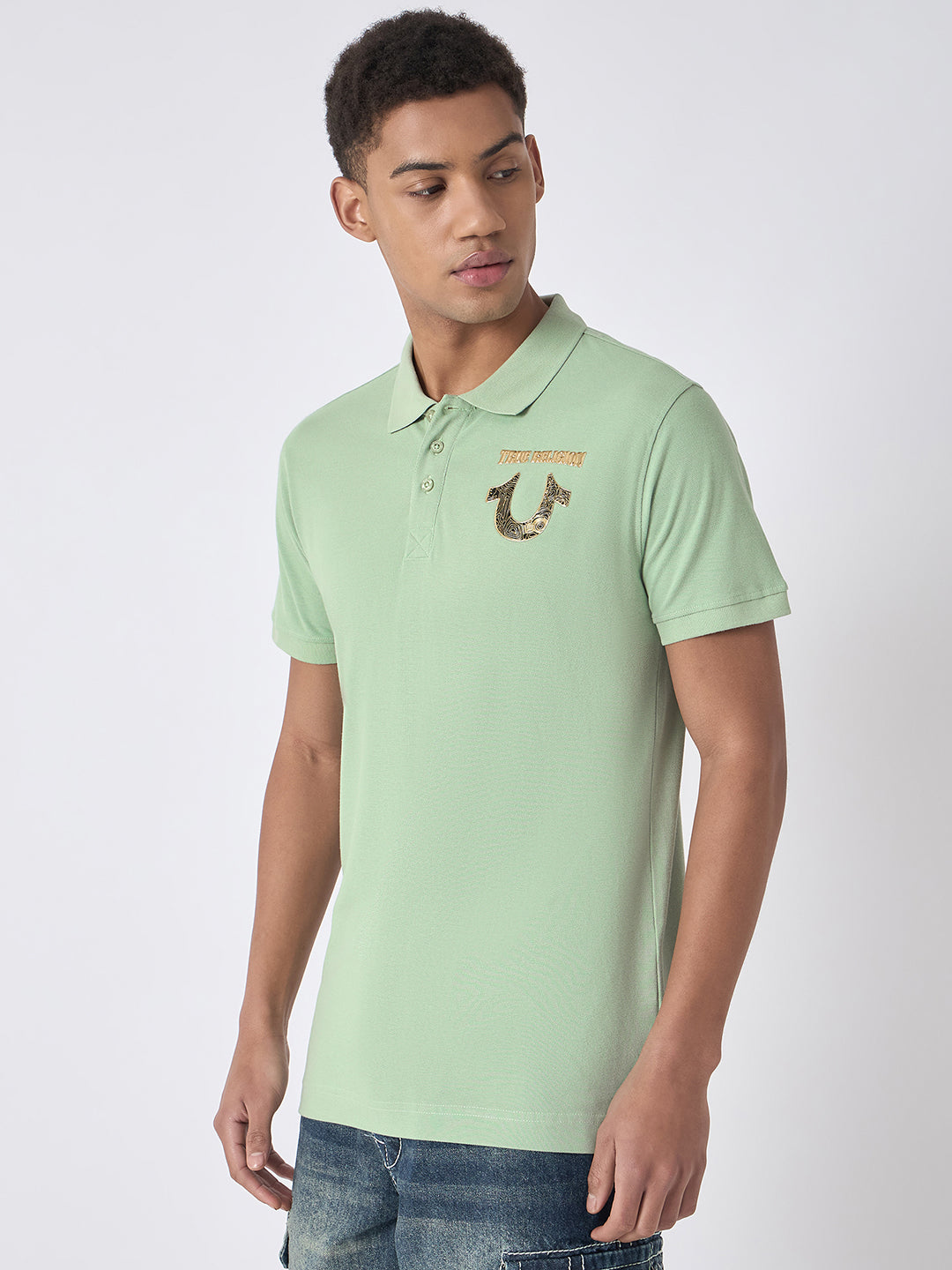 True Religion Men Green Solid Polo Collar Short Sleeves Polo Tshirt