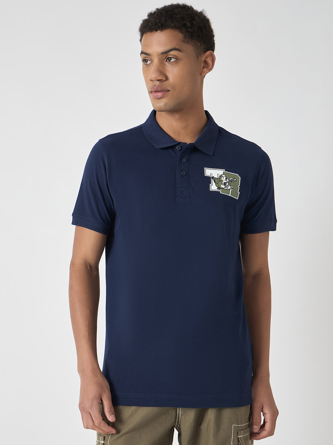 Men navy blue solid polo collar short sleeves polo tshirt