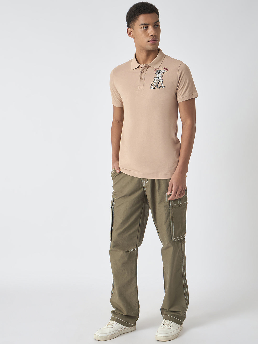 True Religion Men Beige Solid Polo Collar Short Sleeves Polo Tshirt