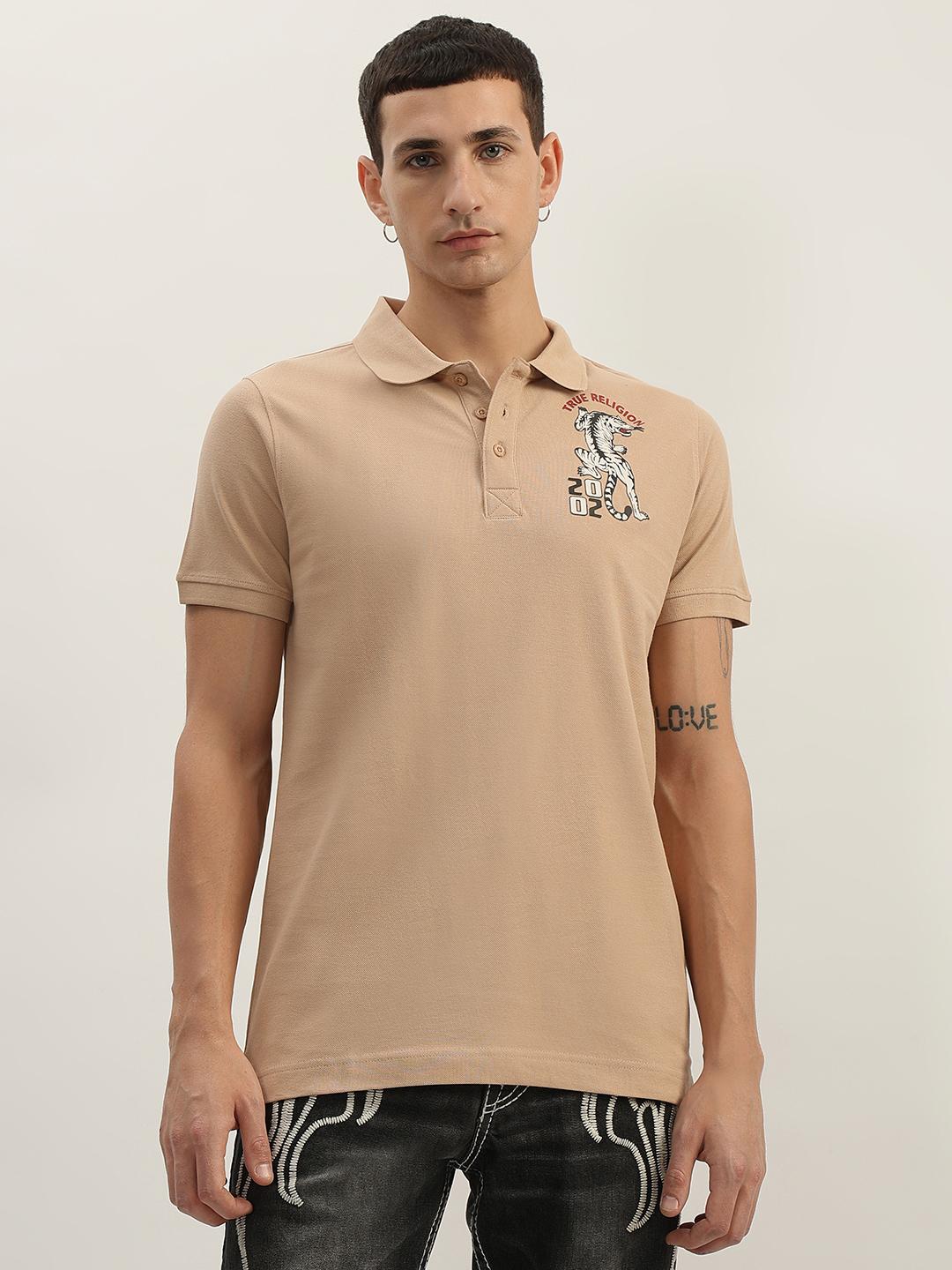 Men beige solid polo collar short sleeves polo tshirt