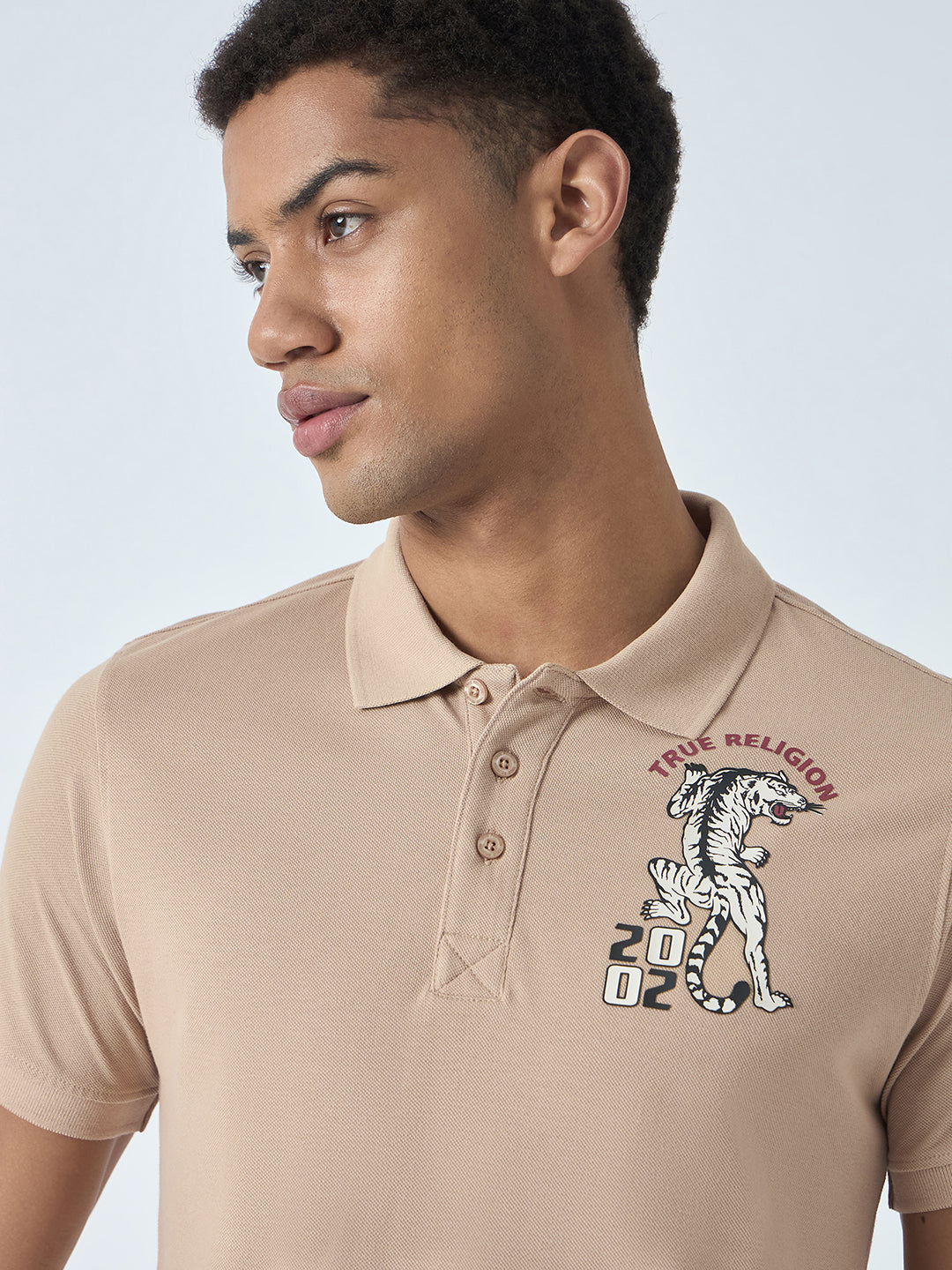 True Religion Men Beige Solid Polo Collar Short Sleeves Polo Tshirt