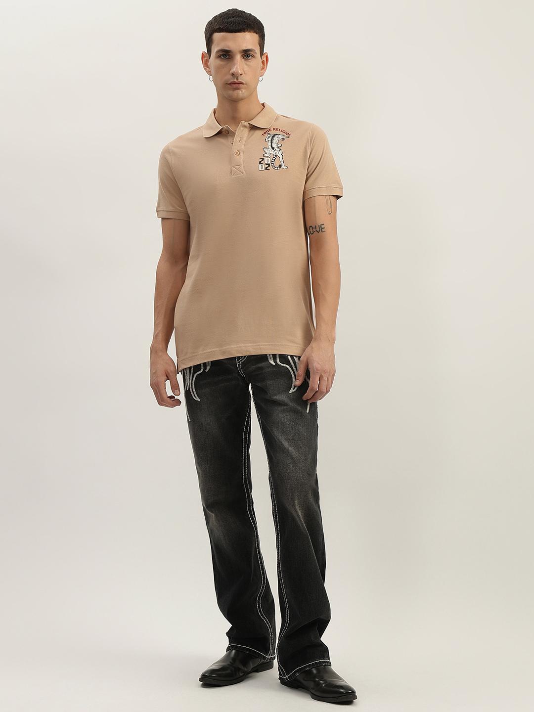 Men beige solid polo collar short sleeves polo tshirt