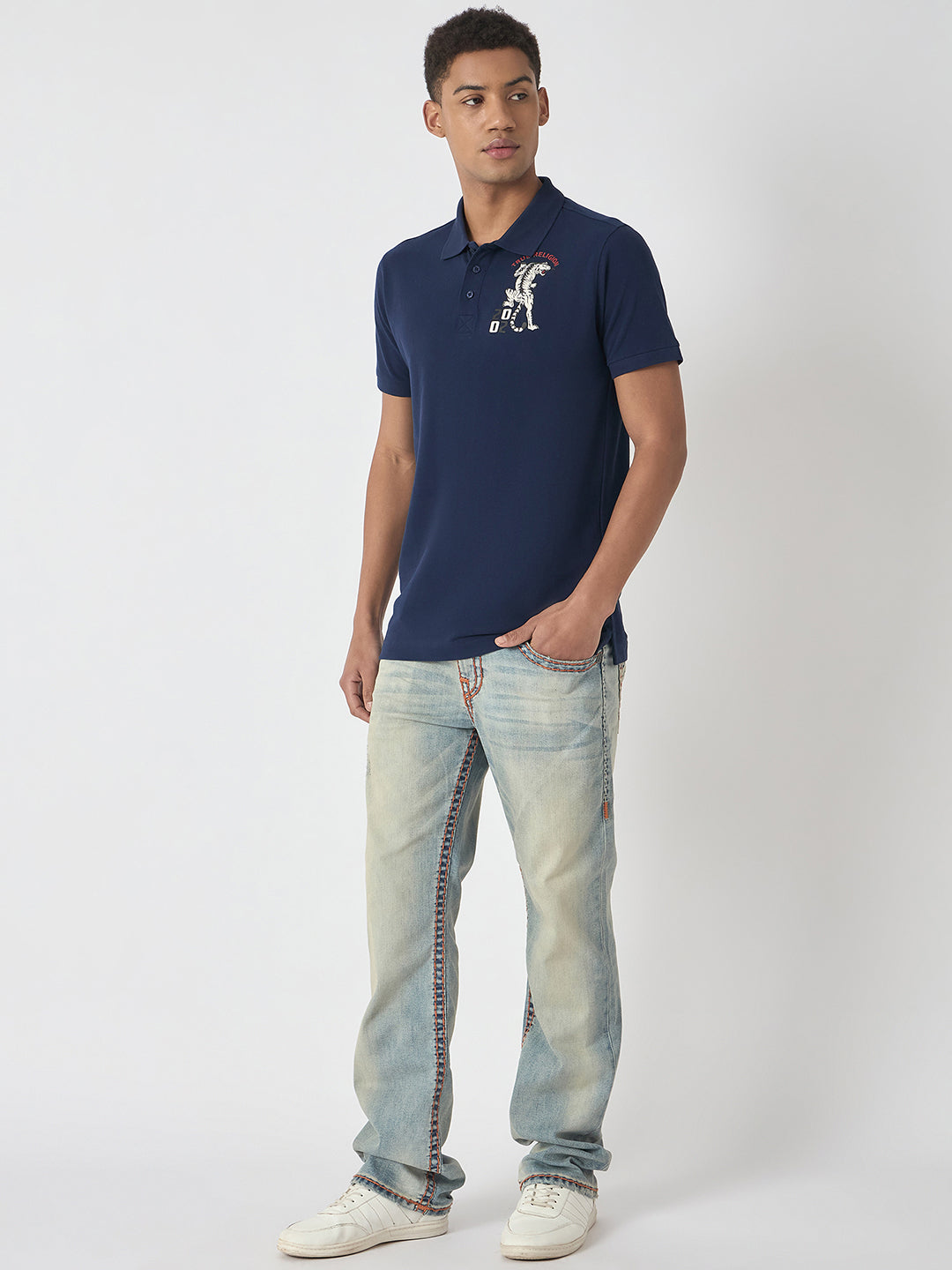 True Religion Men Navy Blue Solid Polo Collar Short Sleeves Polo Tshirt