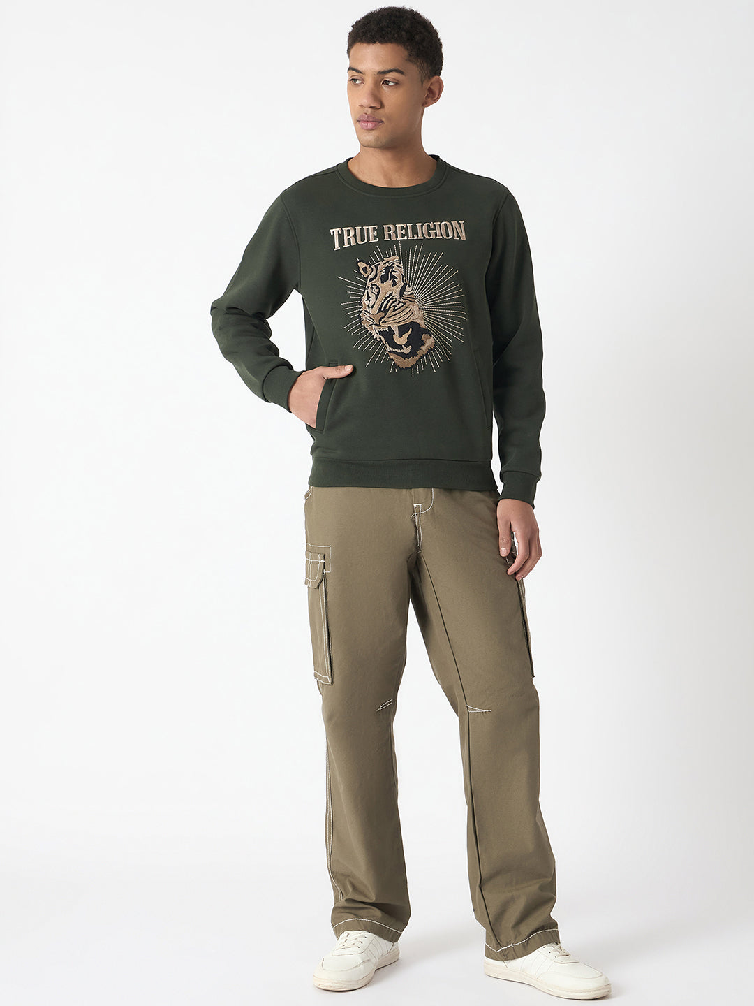 True Religion Men Green Embroidered Round Neck Full Sleeves Sweatshirt