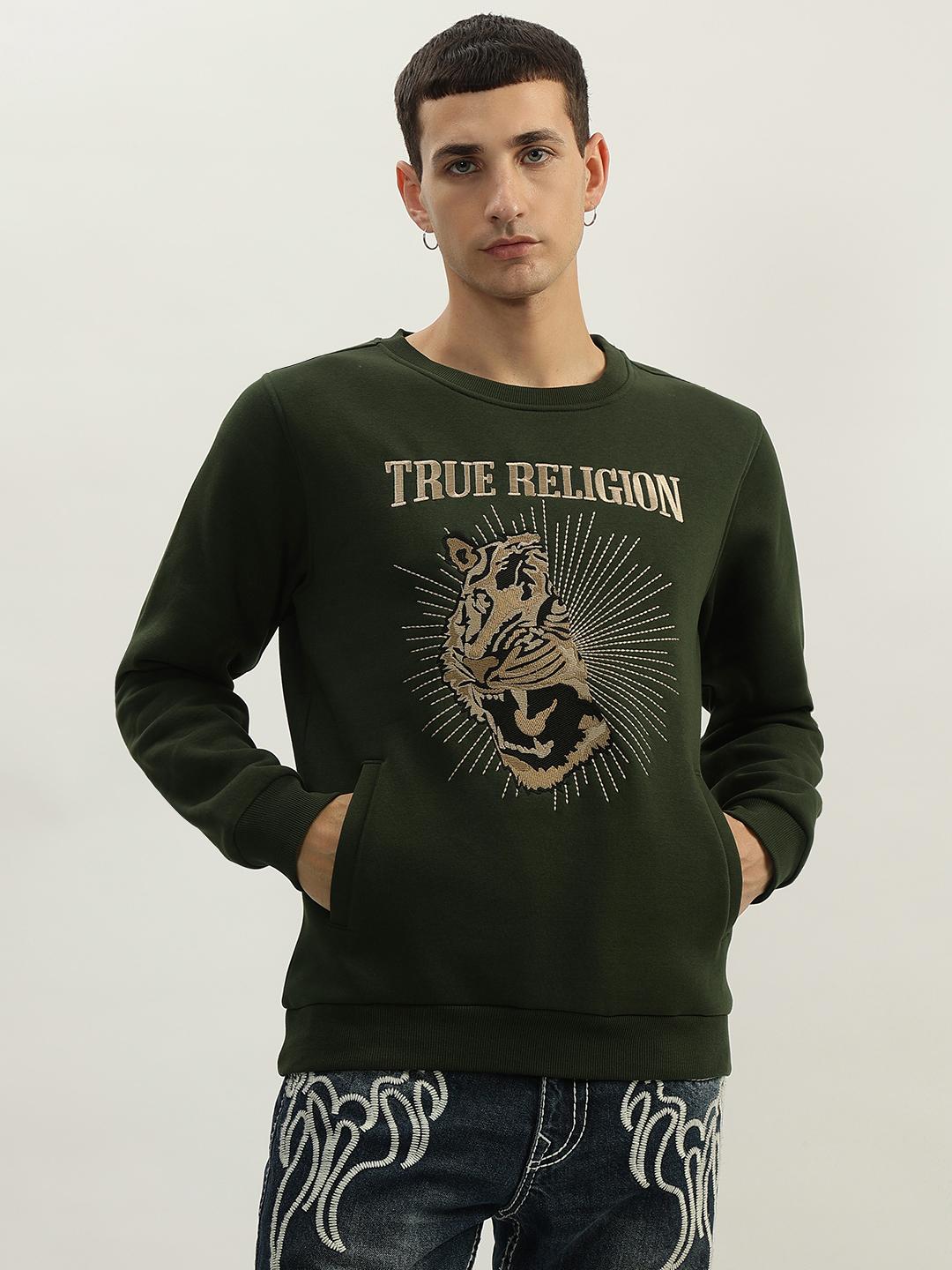 Men green embroidered round neck full sleeves sweatshirt