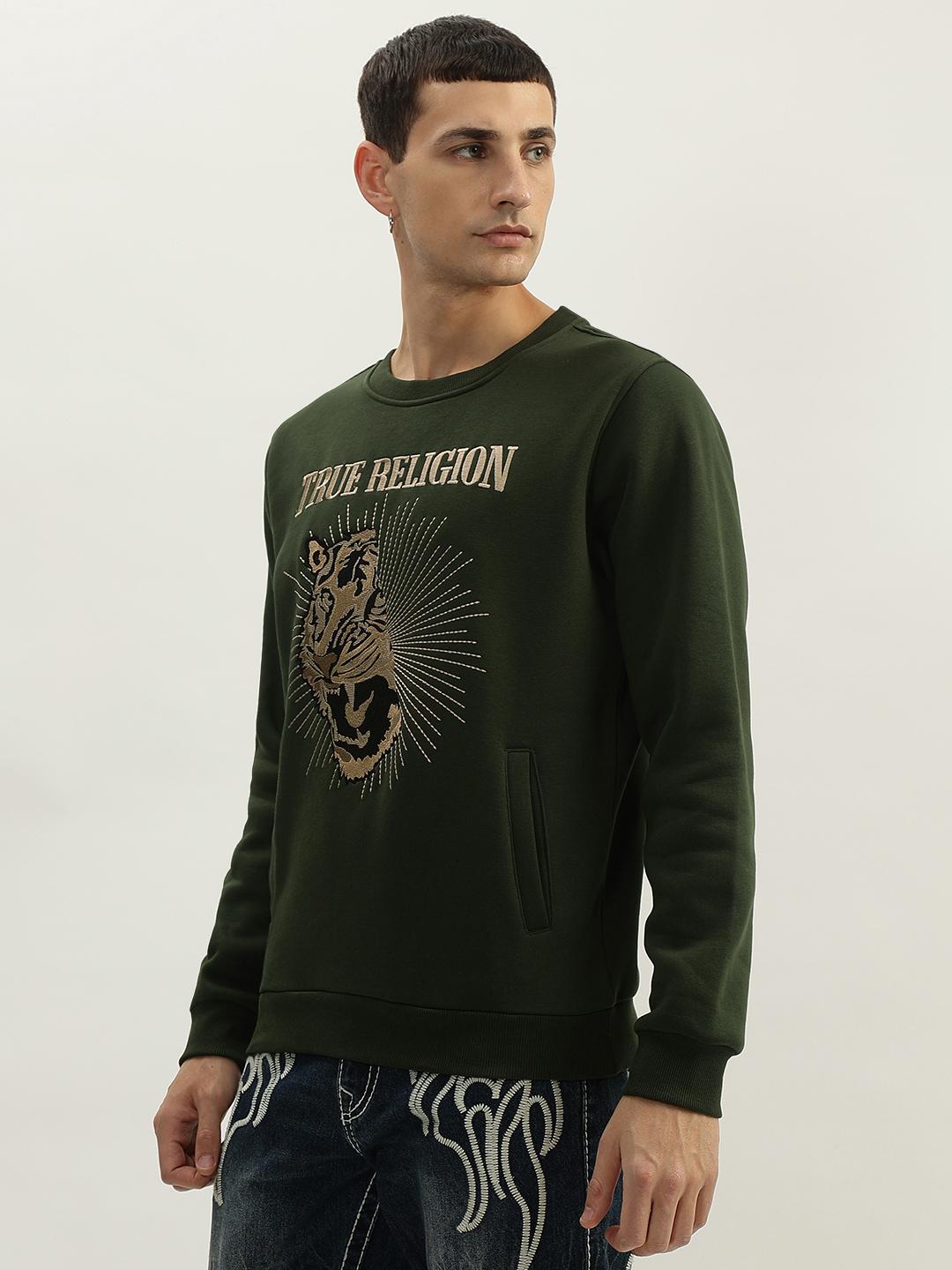 Men green embroidered round neck full sleeves sweatshirt