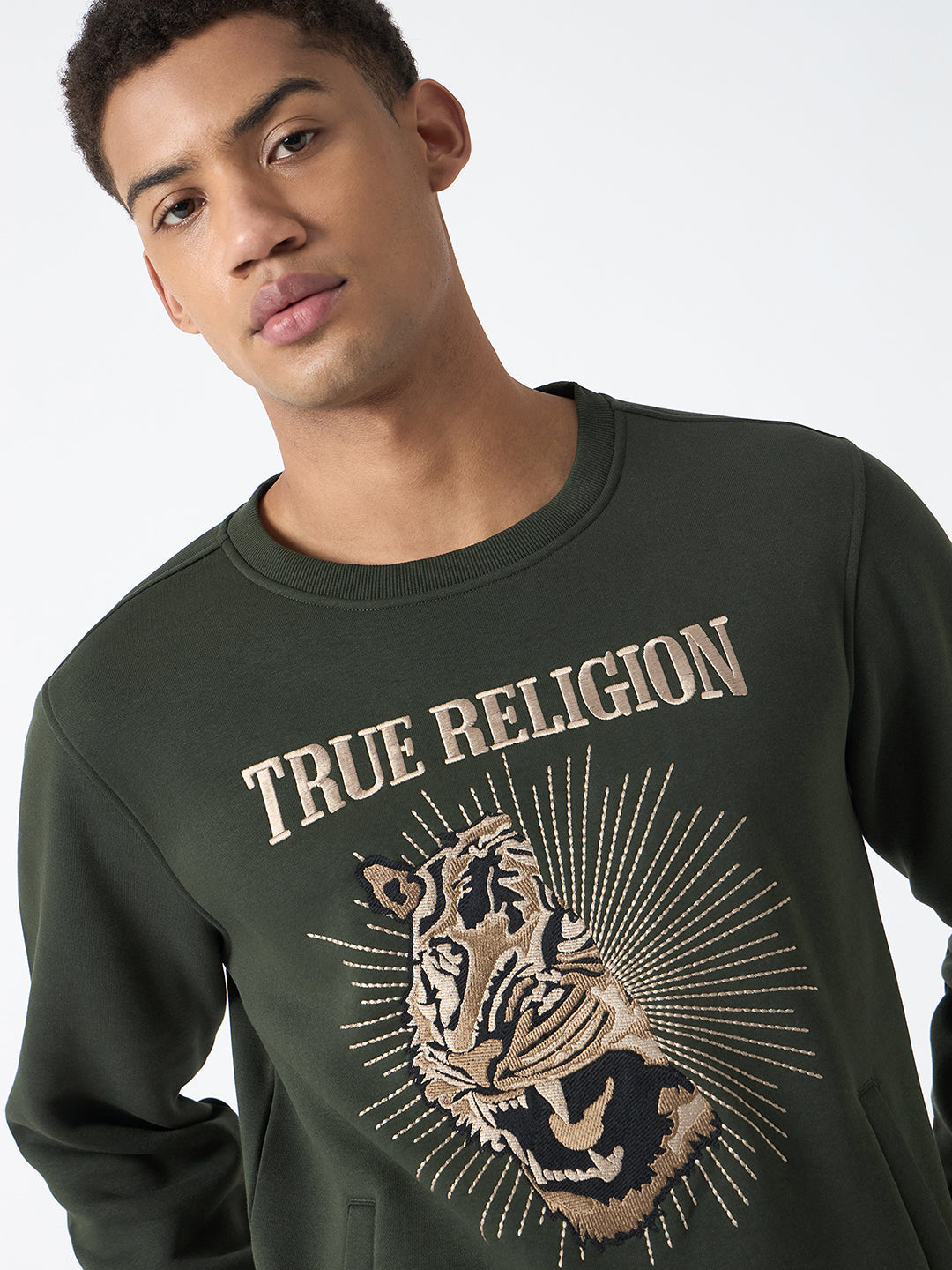 True Religion Men Green Embroidered Round Neck Full Sleeves Sweatshirt