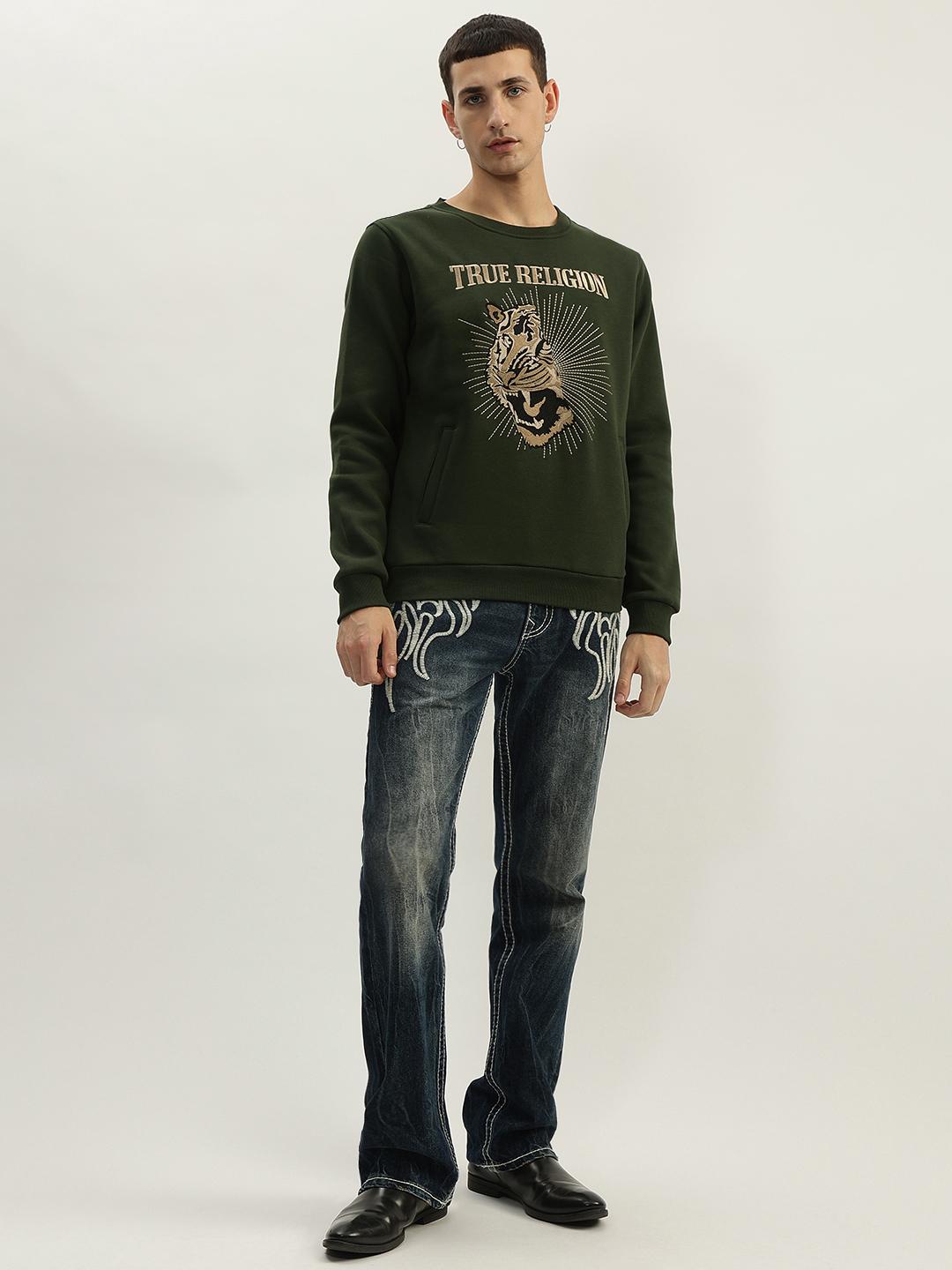 Men green embroidered round neck full sleeves sweatshirt