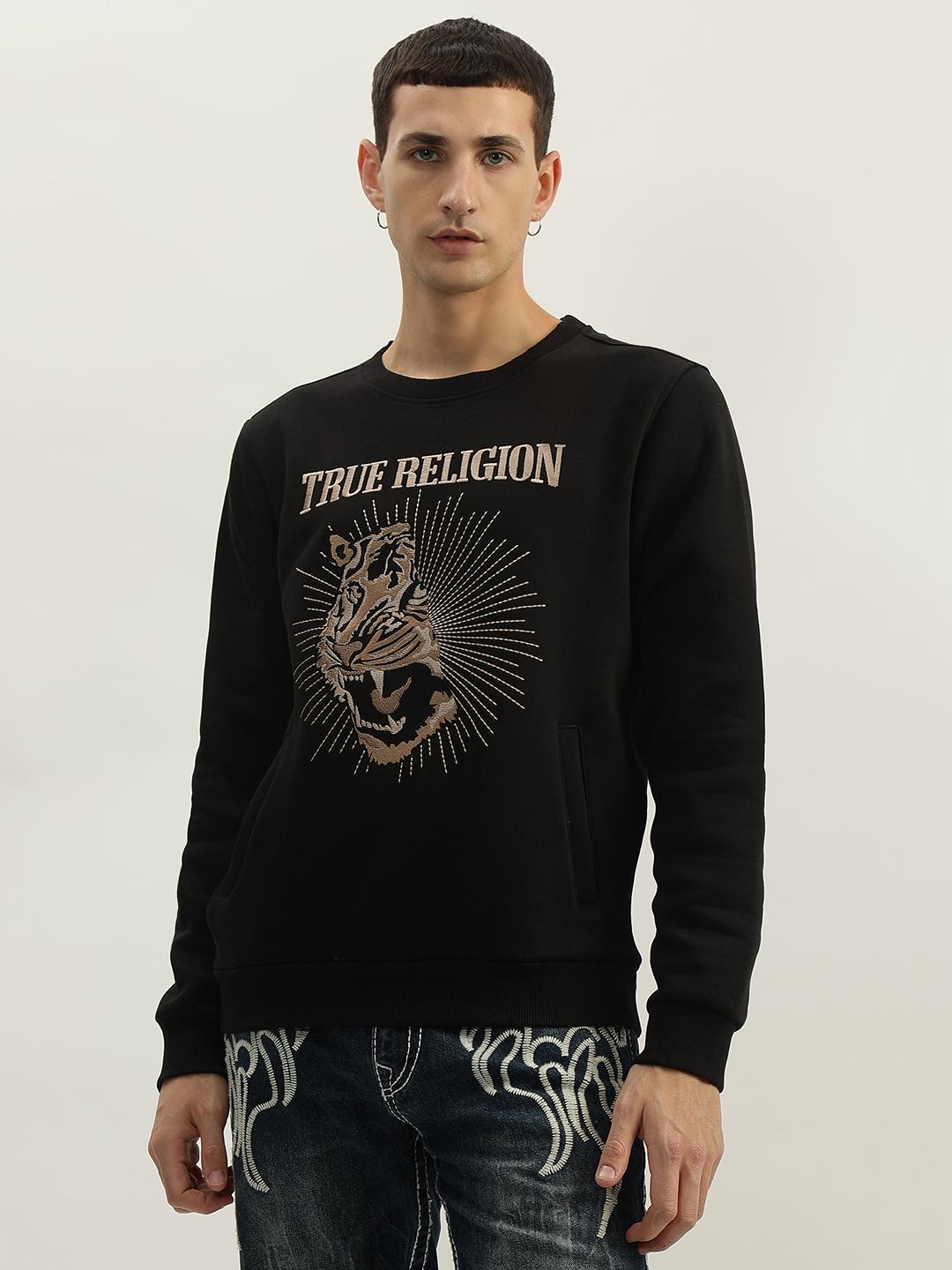 Men black embroidered round neck full sleeves sweatshirt