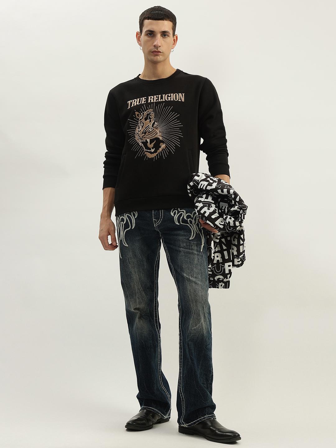 Men black embroidered round neck full sleeves sweatshirt