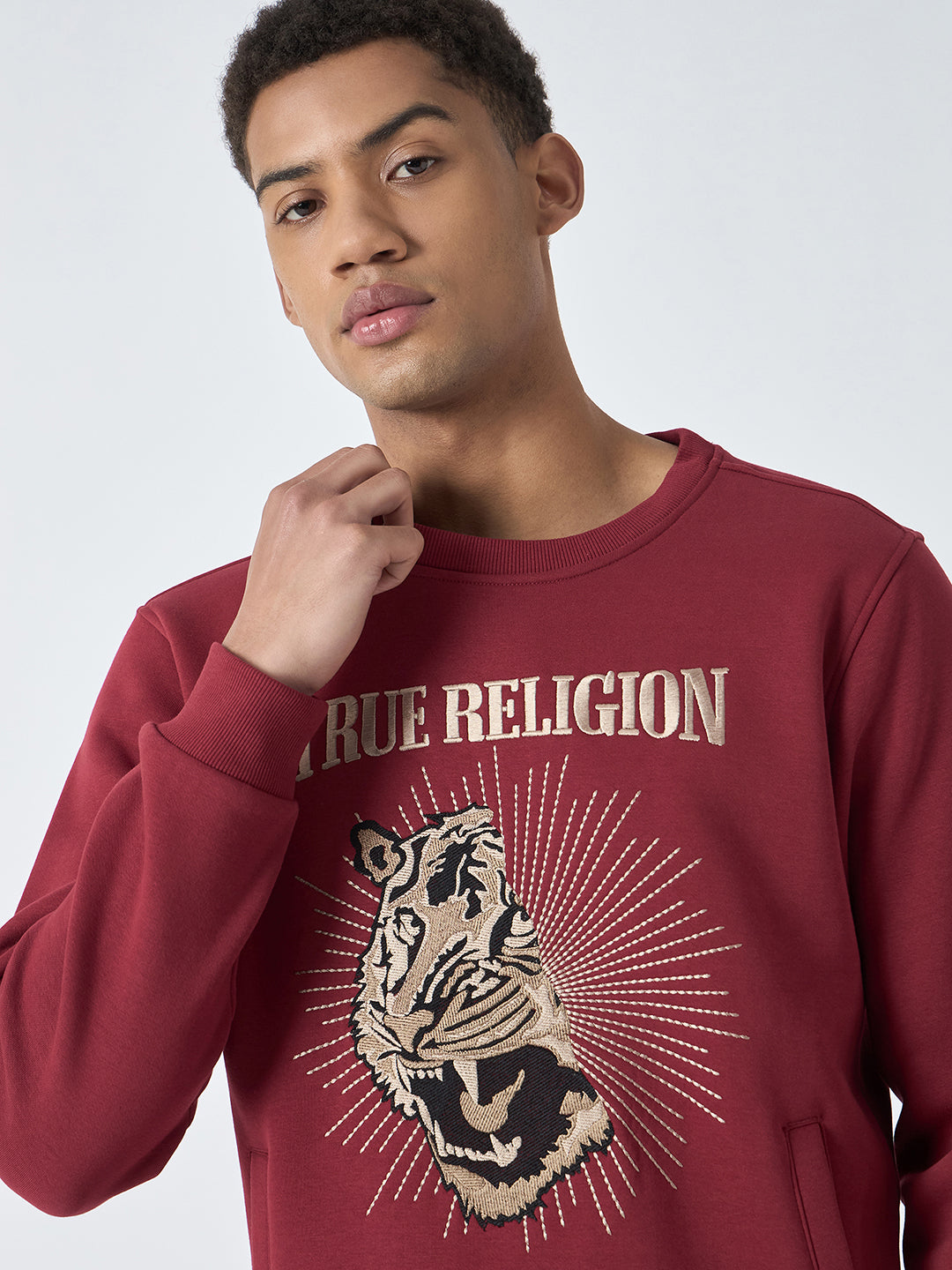 True Religion Men Red Embroidered Round Neck Full Sleeves Sweatshirt