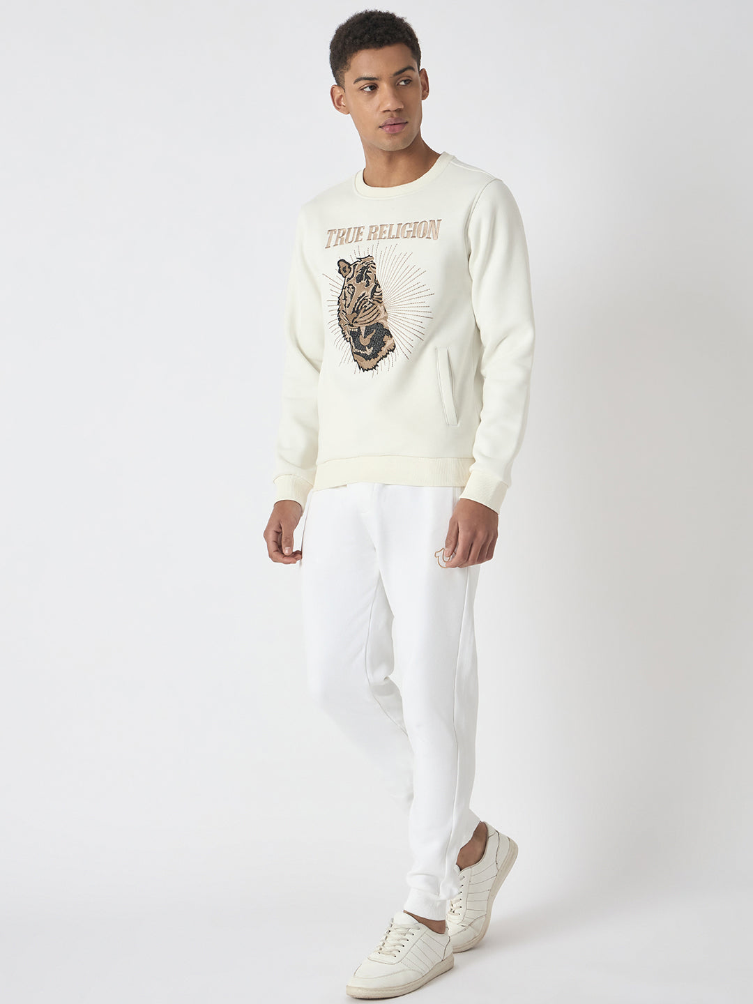 True Religion Men White Embroidered Round Neck Full Sleeves Sweatshirt