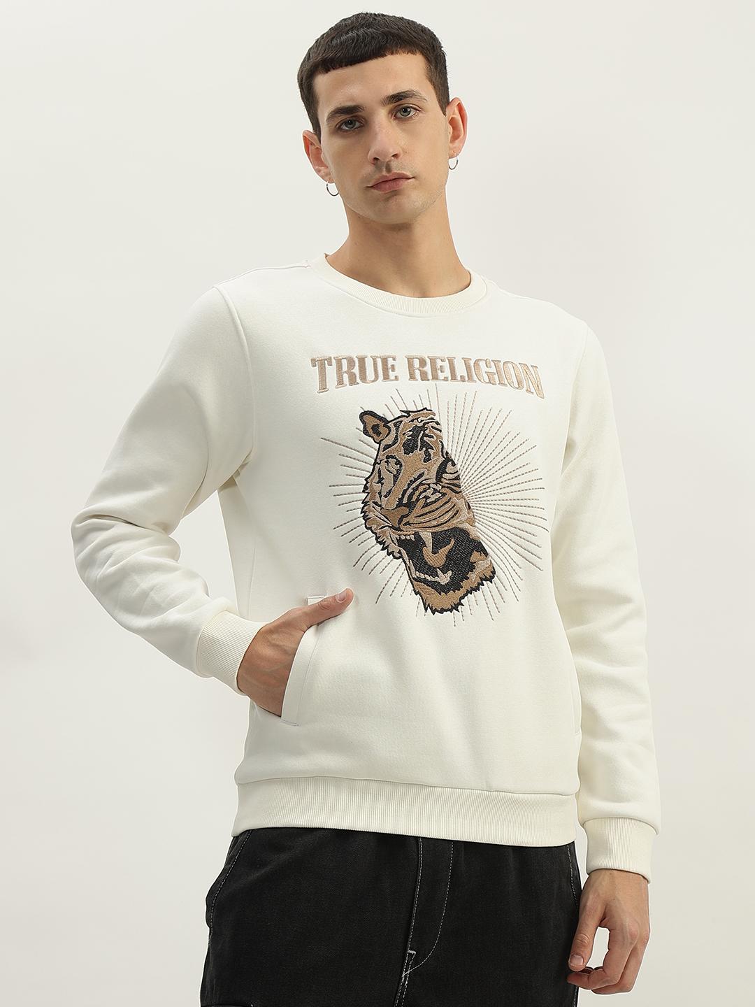 Men white embroidered round neck full sleeves sweatshirt