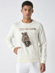 True Religion Men White Embroidered Round Neck Full Sleeves Sweatshirt