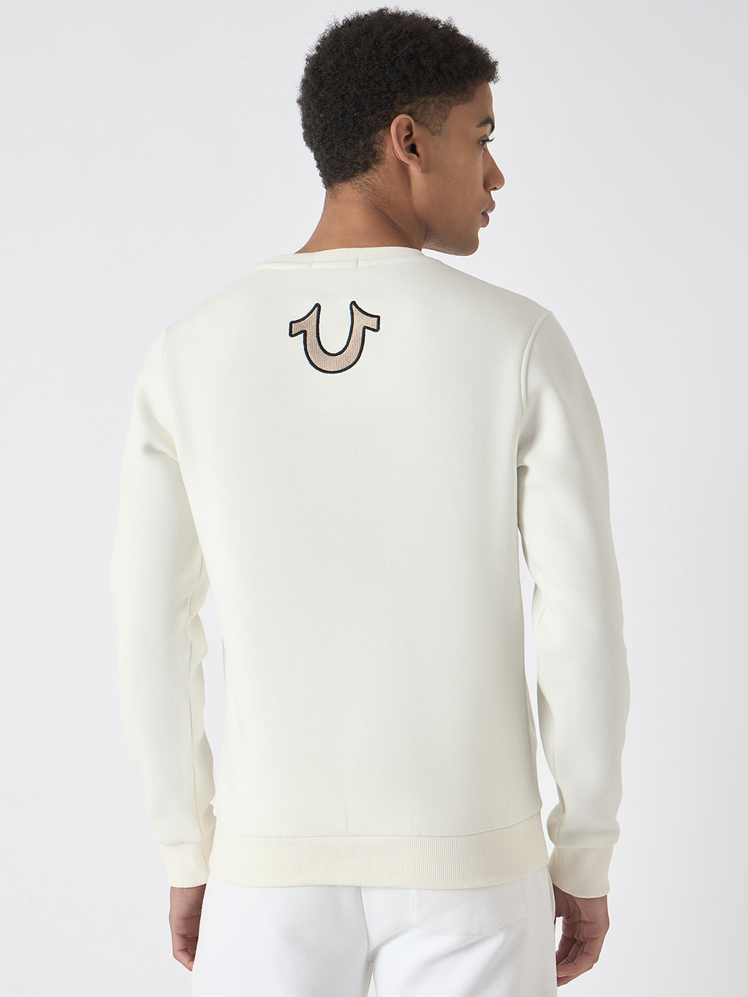 True Religion Men White Embroidered Round Neck Full Sleeves Sweatshirt