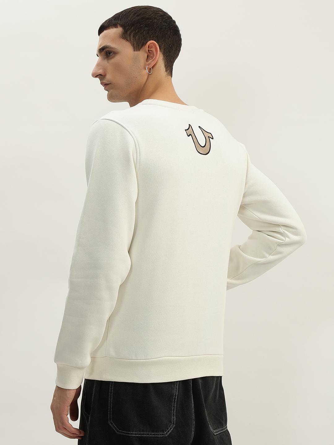 Men white embroidered round neck full sleeves sweatshirt
