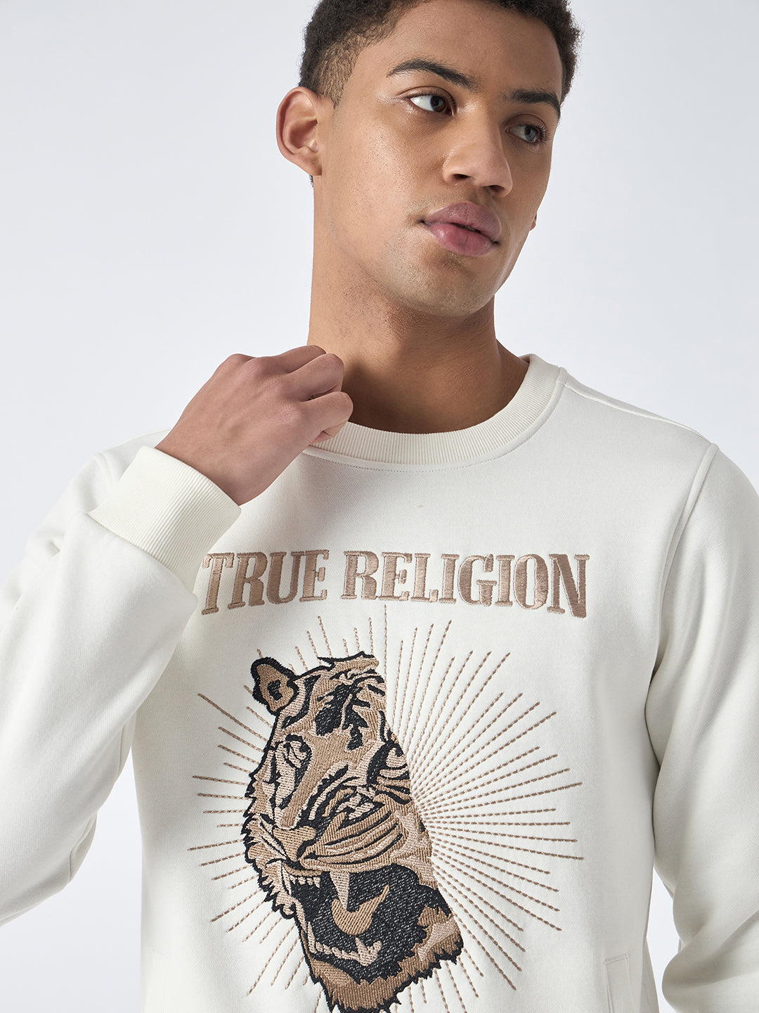 True Religion Men White Embroidered Round Neck Full Sleeves Sweatshirt