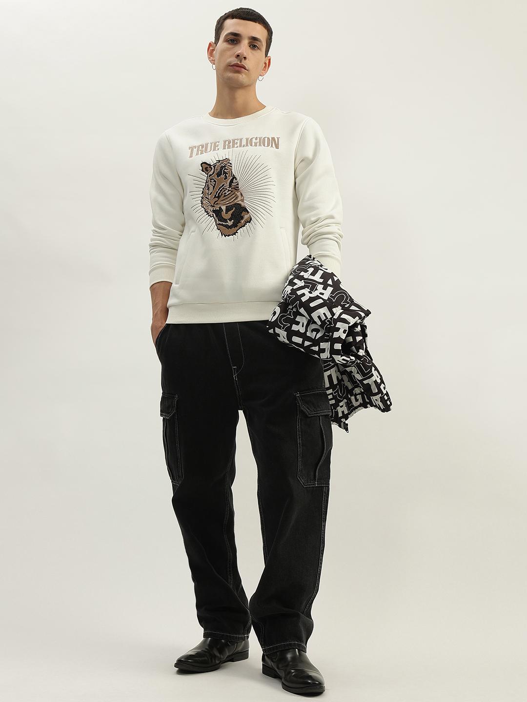 Men white embroidered round neck full sleeves sweatshirt