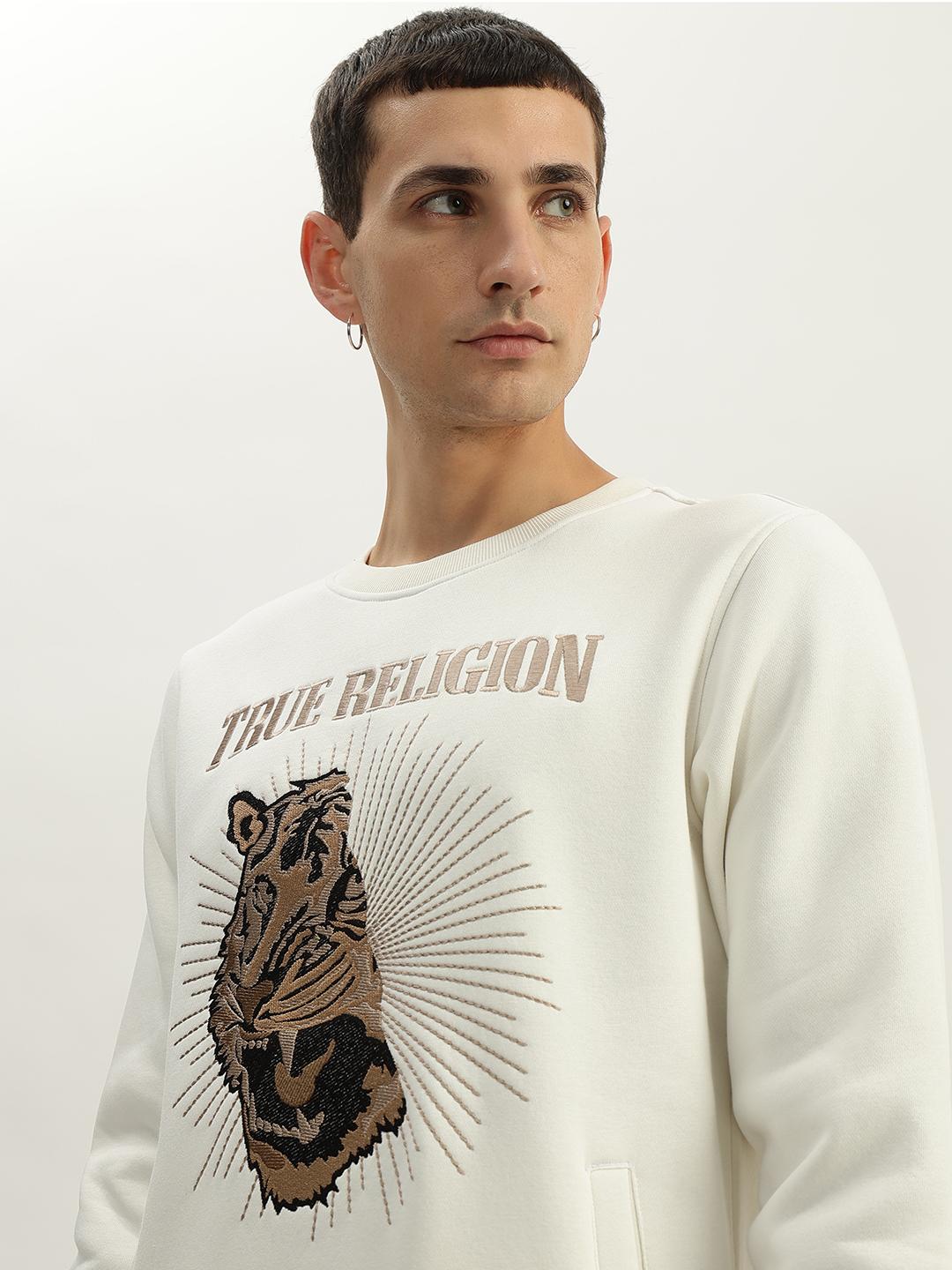Men white embroidered round neck full sleeves sweatshirt