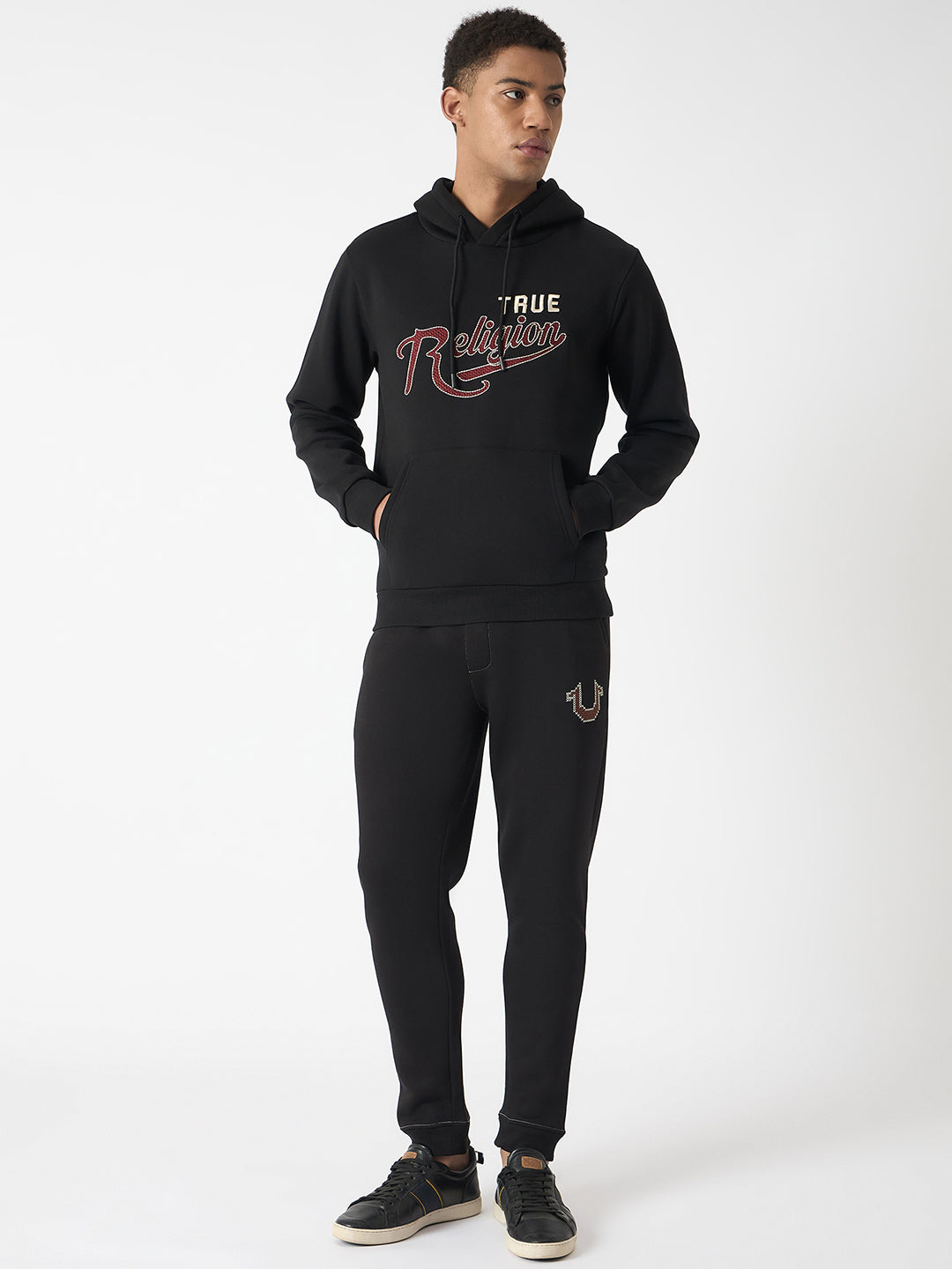 True Religion Men Black Embroidered Hooded Full Sleeves Sweatshirt