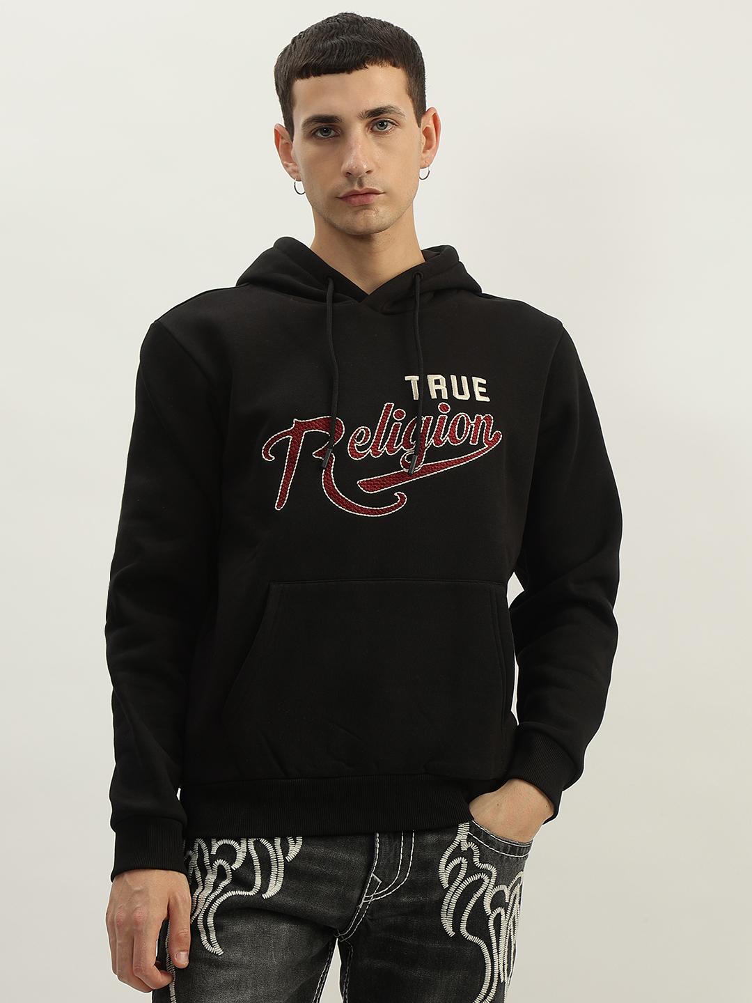 Men black embroidered hooded full sleeves sweatshirt