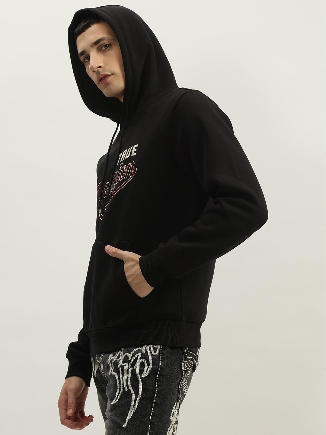 Men black embroidered hooded full sleeves sweatshirt