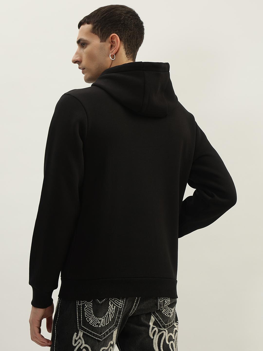 Men black embroidered hooded full sleeves sweatshirt