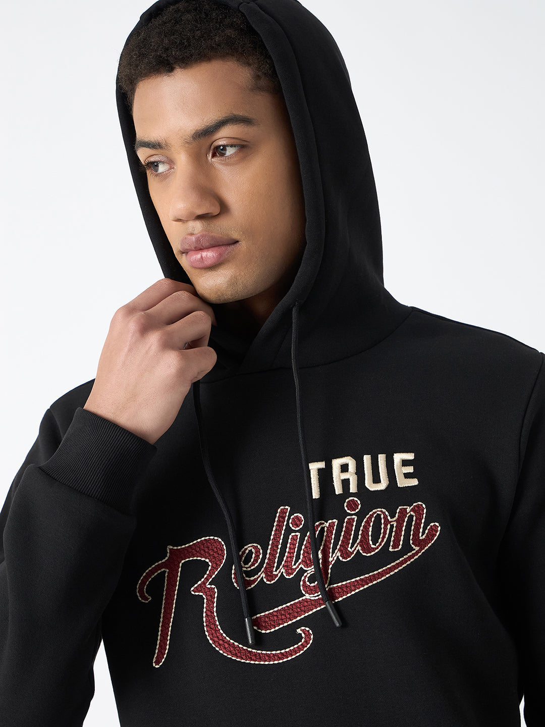 True Religion Men Black Embroidered Hooded Full Sleeves Sweatshirt