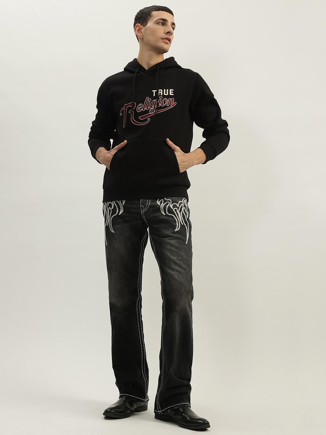 Men black embroidered hooded full sleeves sweatshirt