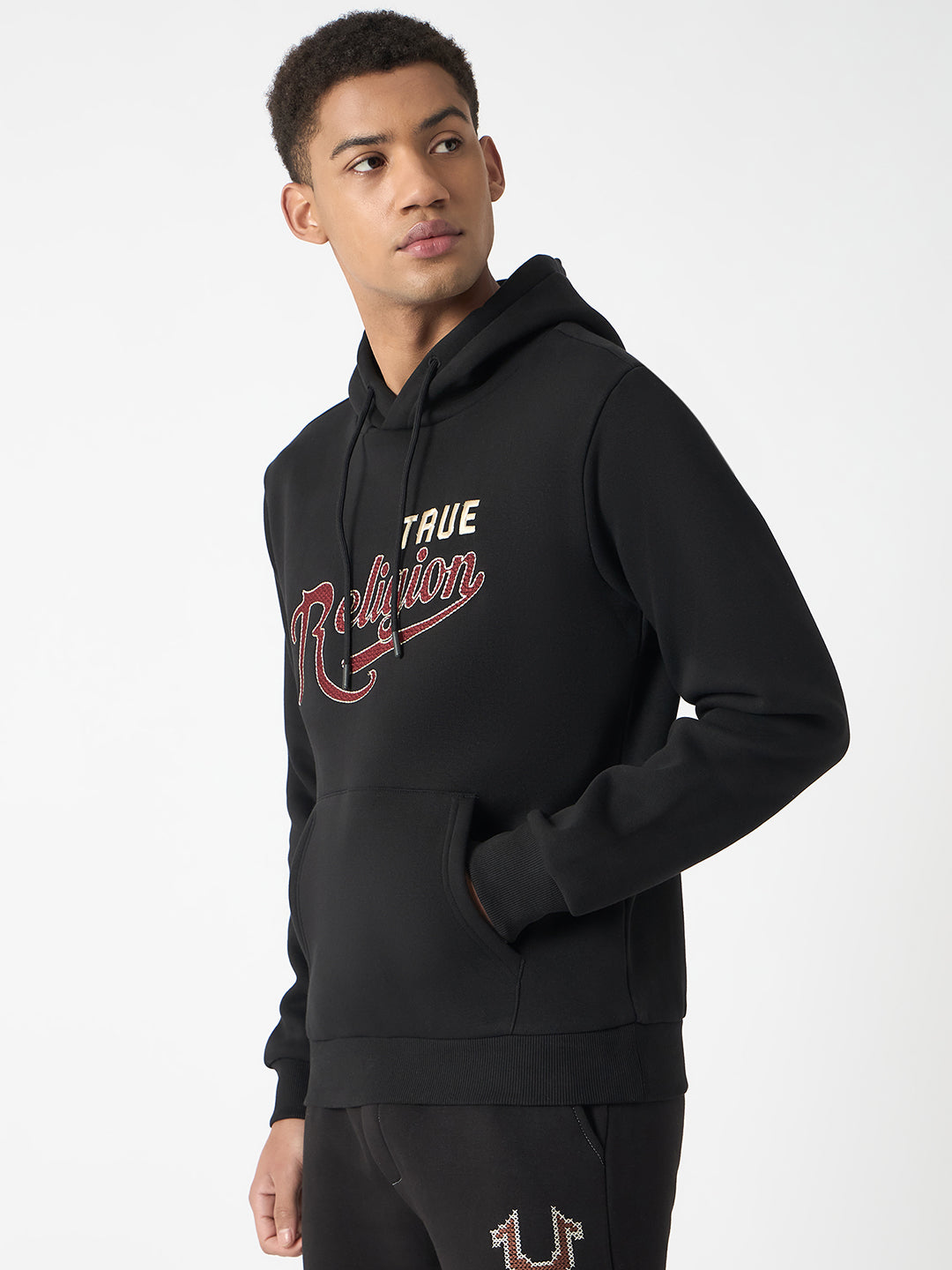 True Religion Men Black Embroidered Hooded Full Sleeves Sweatshirt