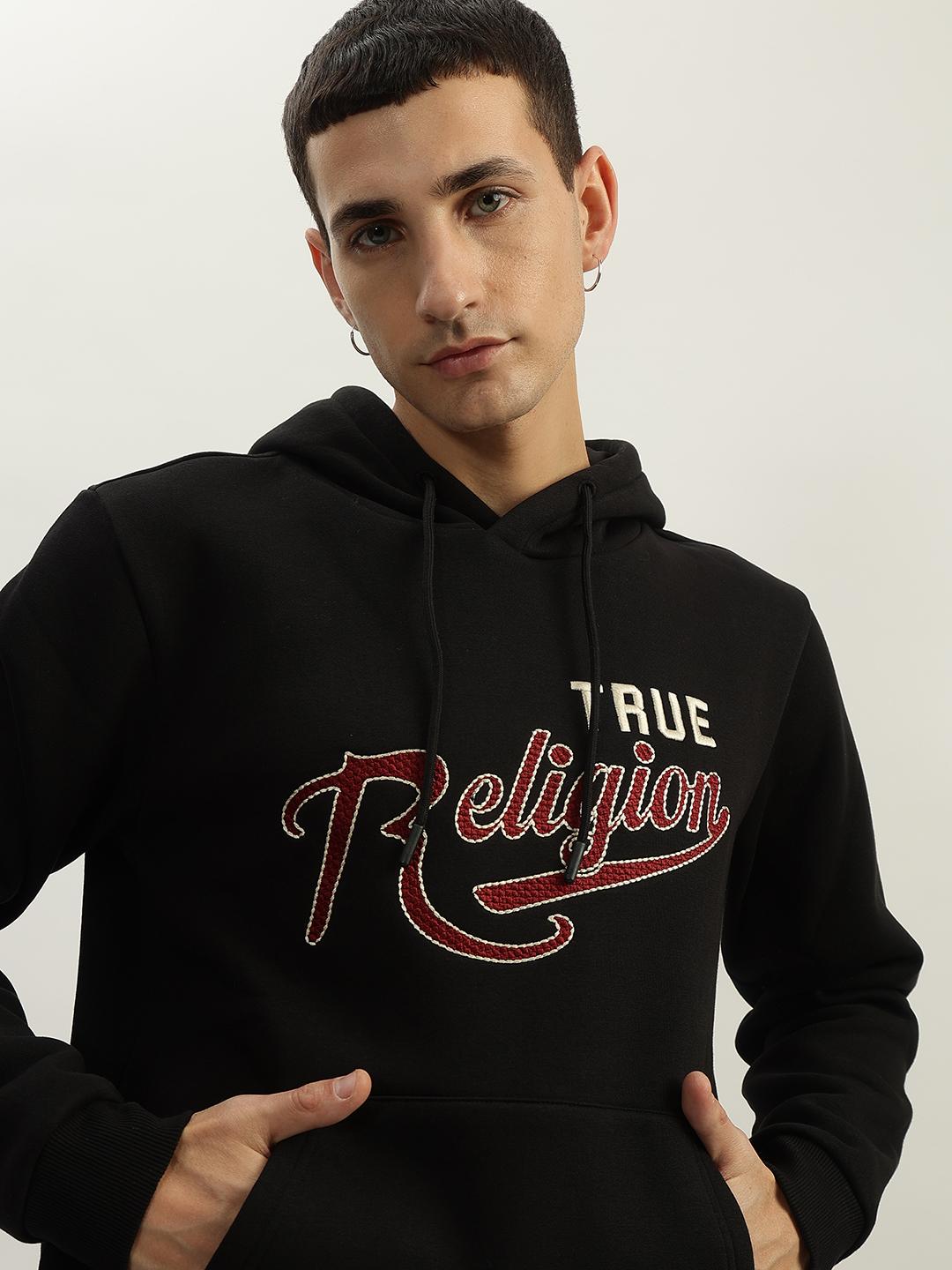 Men black embroidered hooded full sleeves sweatshirt