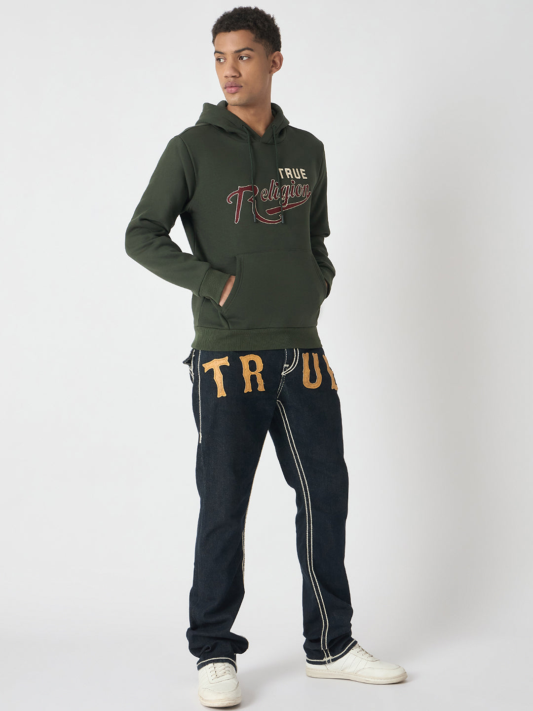 True Religion Men Green Embroidered Hooded Full Sleeves Sweatshirt