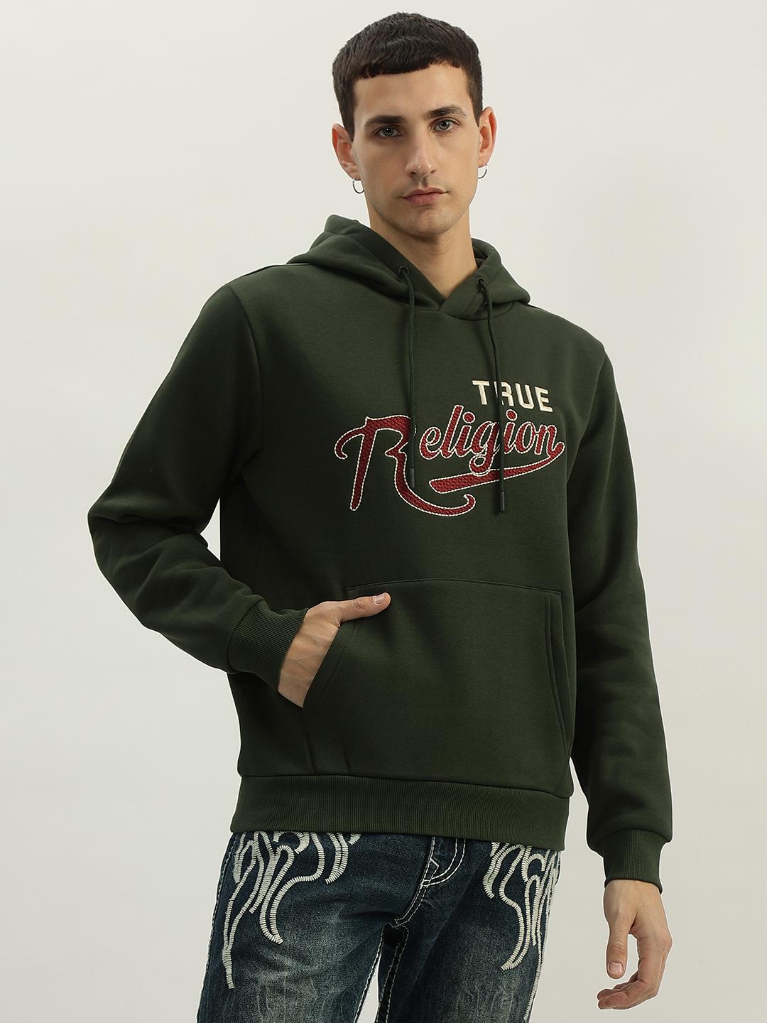 Men green embroidered hooded full sleeves sweatshirt