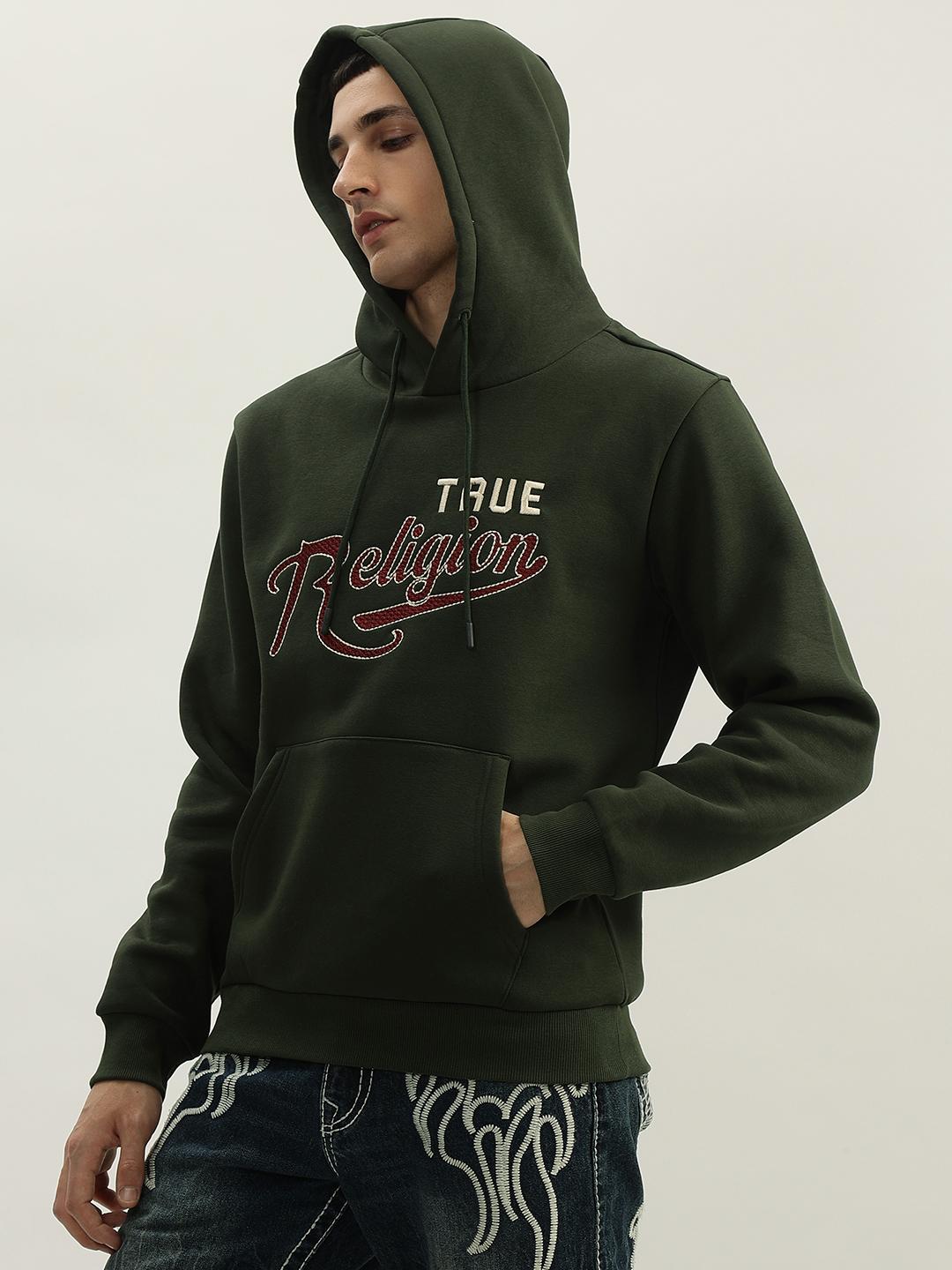 Men green embroidered hooded full sleeves sweatshirt