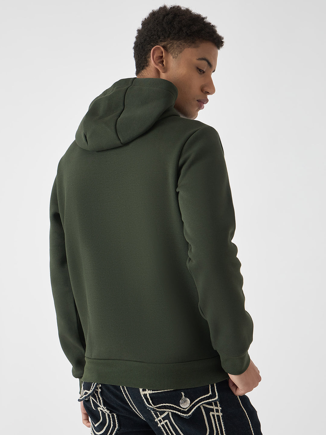 True Religion Men Green Embroidered Hooded Full Sleeves Sweatshirt
