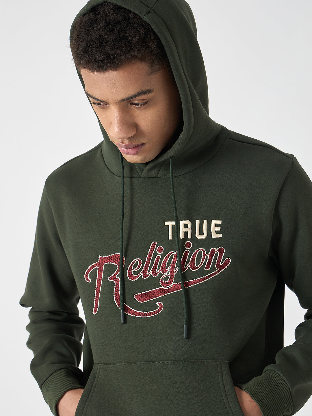 True Religion Men Green Embroidered Hooded Full Sleeves Sweatshirt