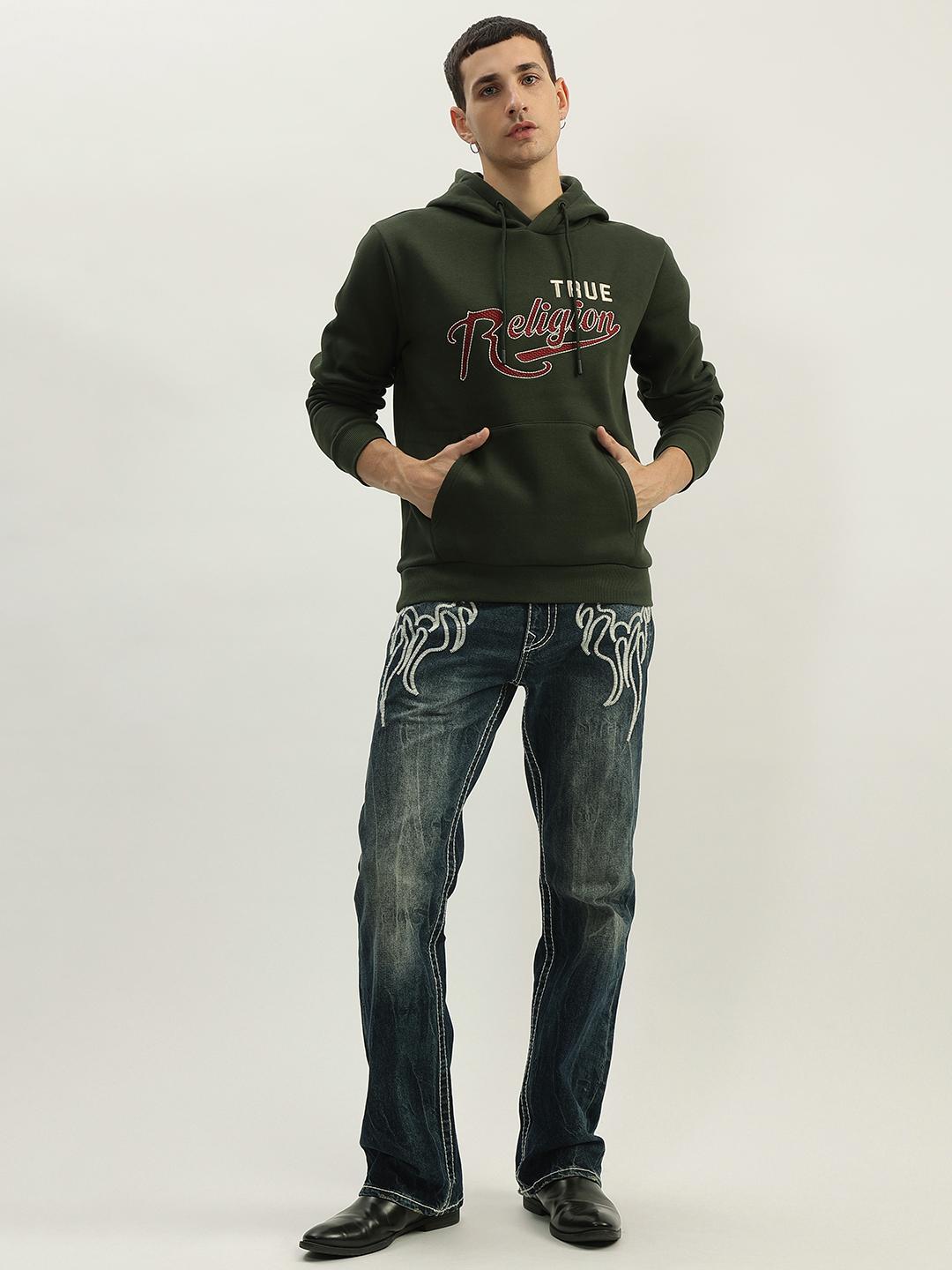 Men green embroidered hooded full sleeves sweatshirt
